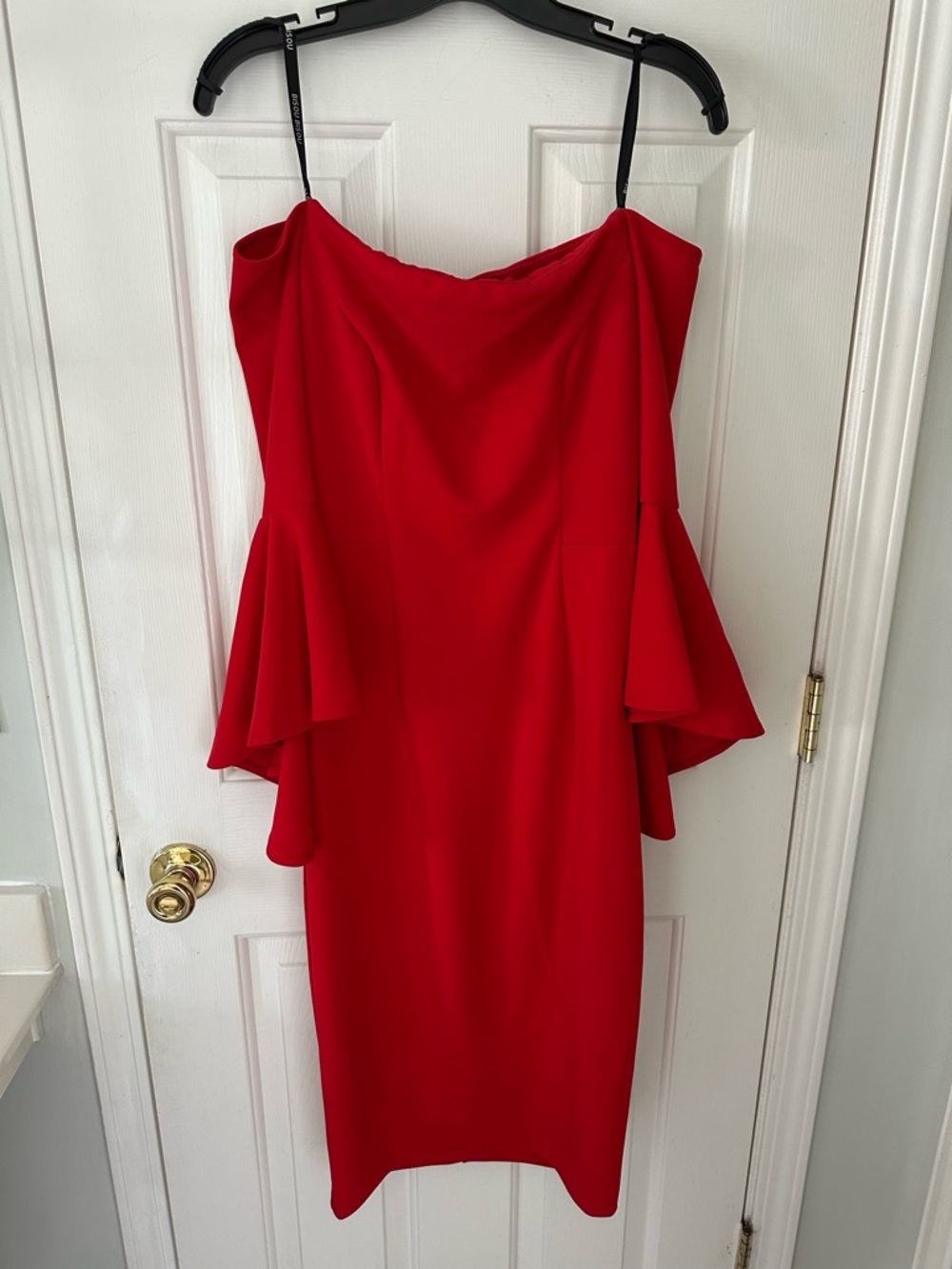 Bisou Bisou Red Off-Shoulder Midi Dress with Ruffle Sleeves